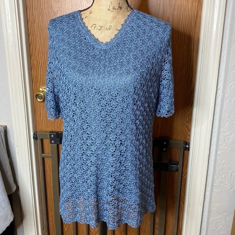 NWT Elisabeth Petite Blue Crochet Lace Top 1P Lined Short Sleeve Boho Blouse - Picture 2 of 9